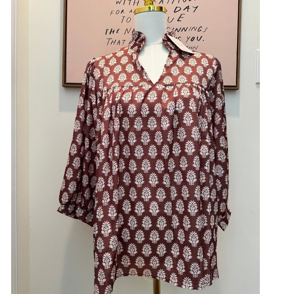 Sage Vell Brown Floral Women's Medium Boho Peasant Top Long Sleeve Lightweight